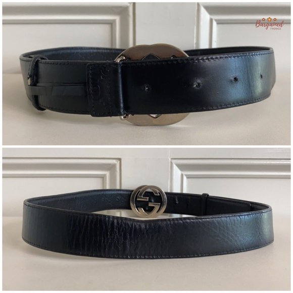 Authentic Gucci Black Guccissima Leather Silver Interlocking G Buckle Belt 95/38 - Picture 6 of 14